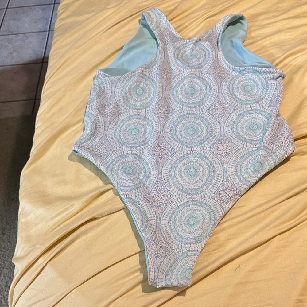 Light Blue Patterned Reversible One-Piece Swimsuit - image 2